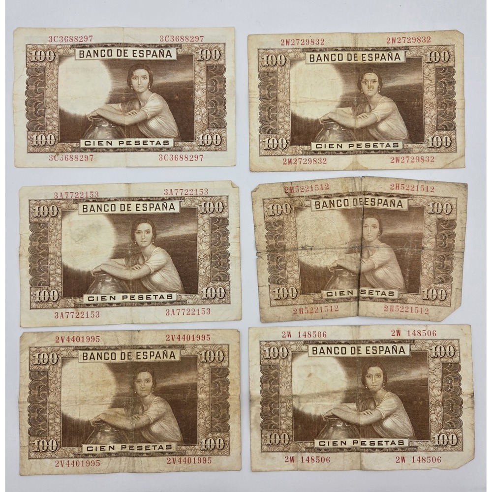 Lot of 6 Spain 100 Pesetas Notes Romero La Fuensanta Circulated Banknotes